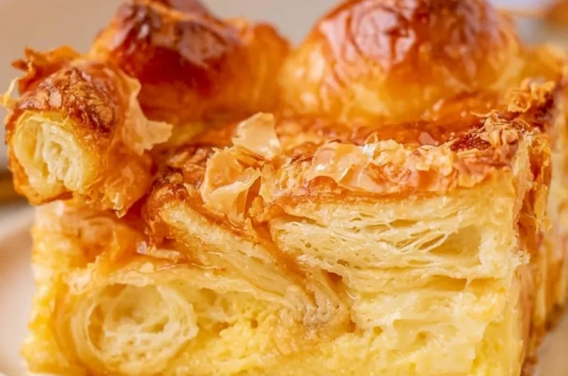 Delicious croissant French toast bake served on a plate.