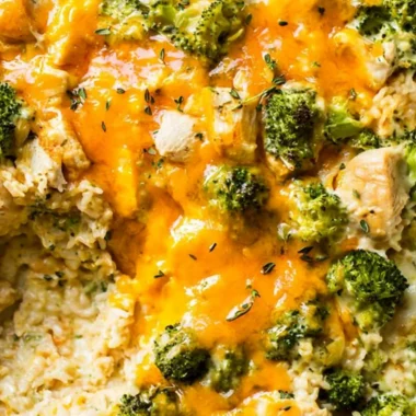 Delicious Dump-and-Bake Chicken Broccoli Rice Casserole ready to serve.