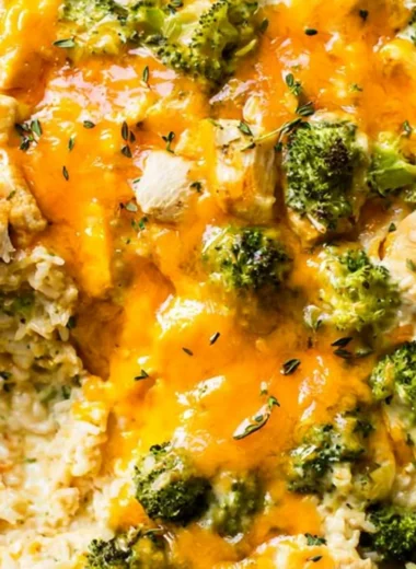 Delicious Dump-and-Bake Chicken Broccoli Rice Casserole ready to serve.