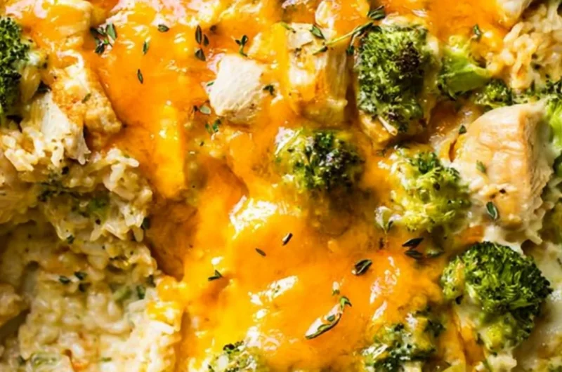 Delicious Dump-and-Bake Chicken Broccoli Rice Casserole ready to serve.