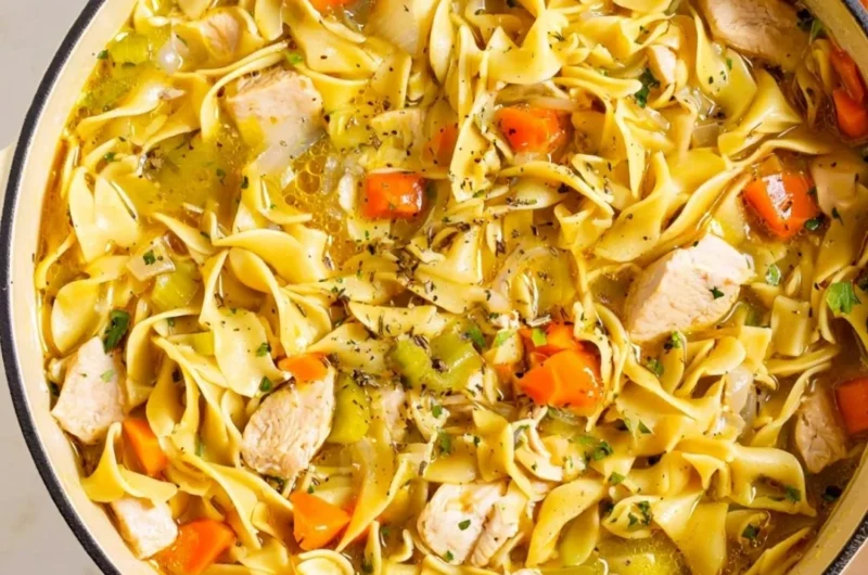 Delicious Dutch Oven Chicken Noodle Soup in a rustic pot