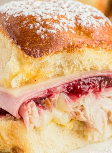 Delicious easy cheesy Monte Cristo sliders ready to serve on a platter.