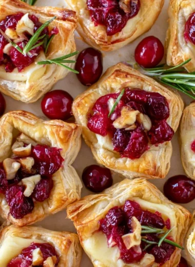 Delicious Cranberry Brie Bites with puff pastry on a serving platter
