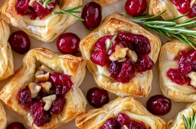 Delicious Cranberry Brie Bites with puff pastry on a serving platter