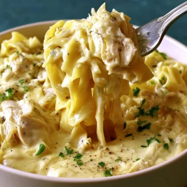 Bowl of easy creamy chicken noodles ready to serve