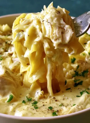 Bowl of easy creamy chicken noodles ready to serve