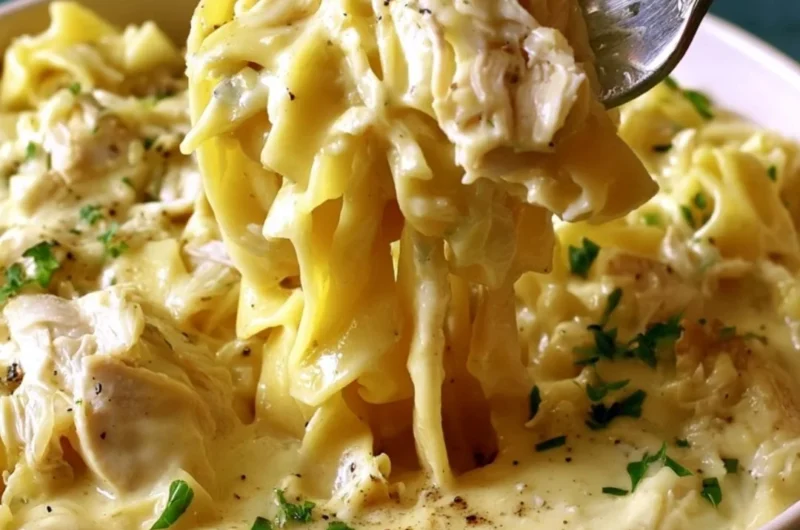 Bowl of easy creamy chicken noodles ready to serve