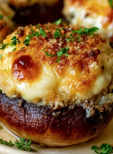 Delicious easy stuffed mushrooms garnished for a savory appetizer