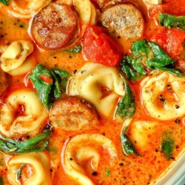 Healthy tortellini soup served in a bowl, perfect for fall dinners.