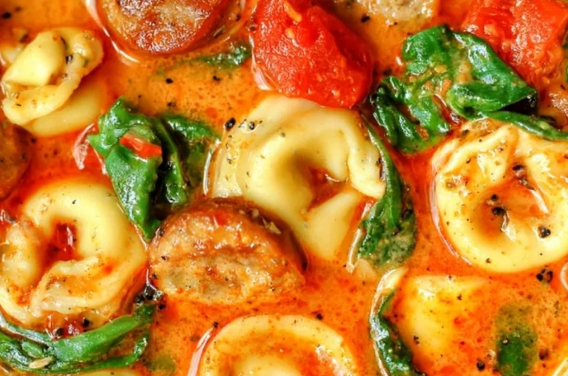 Healthy tortellini soup served in a bowl, perfect for fall dinners.