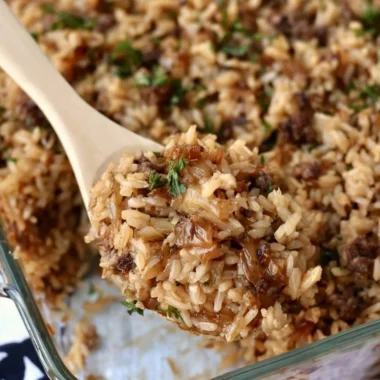Delicious French onion casserole with ground beef and rice dish