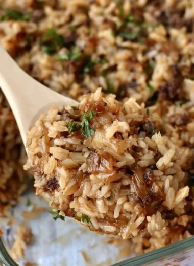Delicious French onion casserole with ground beef and rice dish