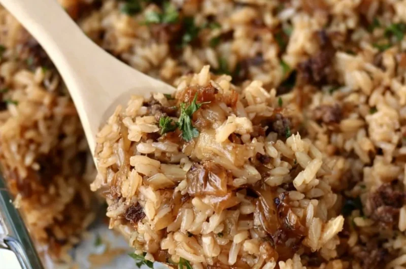 Delicious French onion casserole with ground beef and rice dish