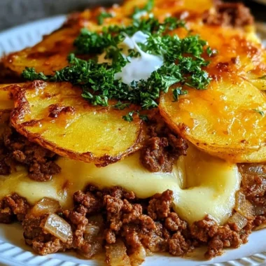 Healthy Loaded Beef and Potato Bake served in a casserole dish