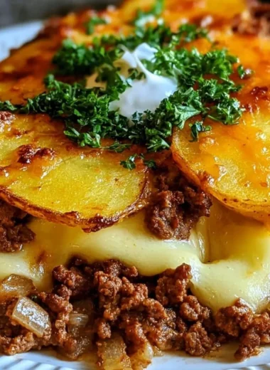 Healthy Loaded Beef and Potato Bake served in a casserole dish