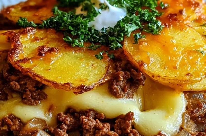 Healthy Loaded Beef and Potato Bake served in a casserole dish