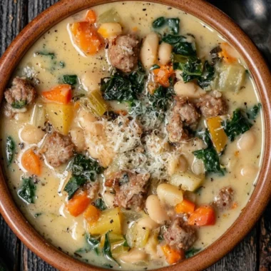 Bowl of high protein white bean soup garnished with herbs