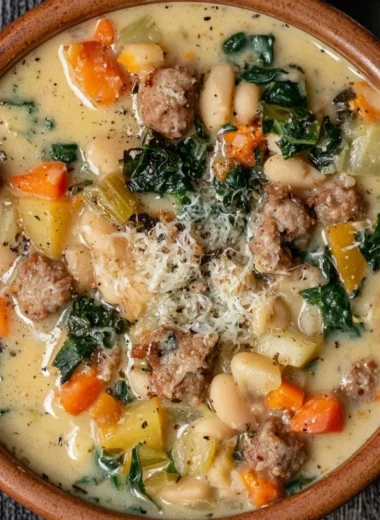 Bowl of high protein white bean soup garnished with herbs