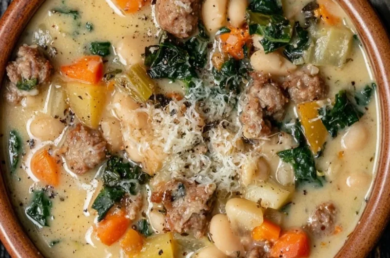 Bowl of high protein white bean soup garnished with herbs