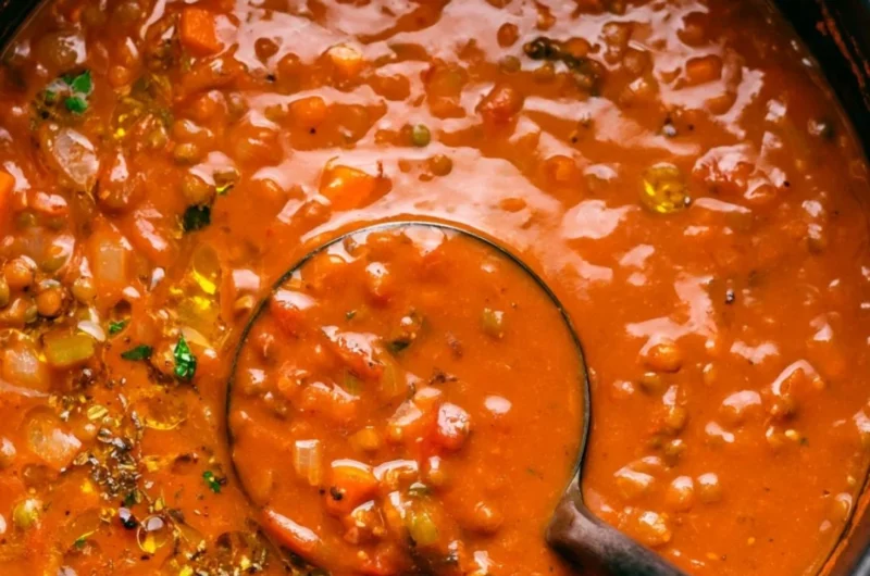 Bowl of Mediterranean Lentil Soup garnished with herbs and spices