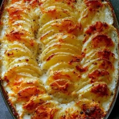 Baked Potatoes Au Gratin topped with cheese and herbs, served in a dish