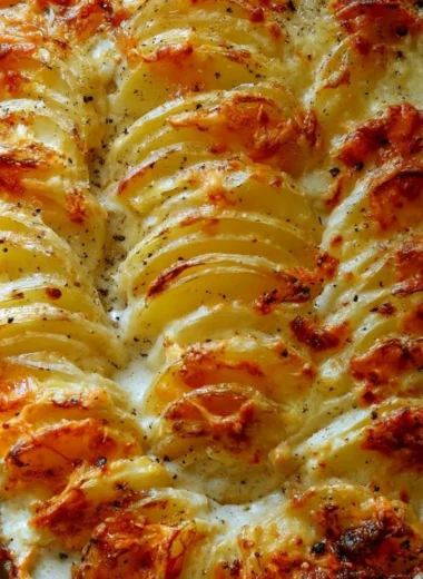 Baked Potatoes Au Gratin topped with cheese and herbs, served in a dish