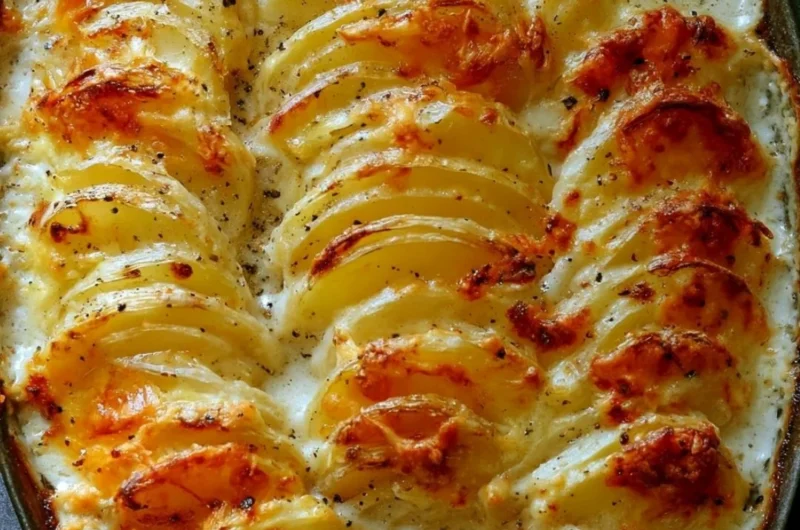 Baked Potatoes Au Gratin topped with cheese and herbs, served in a dish