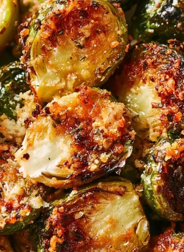 Parmesan roasted Brussels sprouts on a serving plate