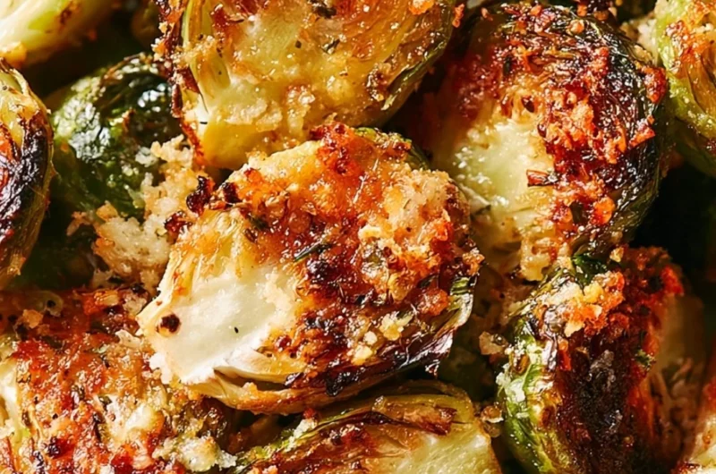 Parmesan roasted Brussels sprouts on a serving plate