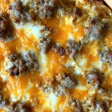Sausage Hashbrown Breakfast Casserole topped with cheese and herbs