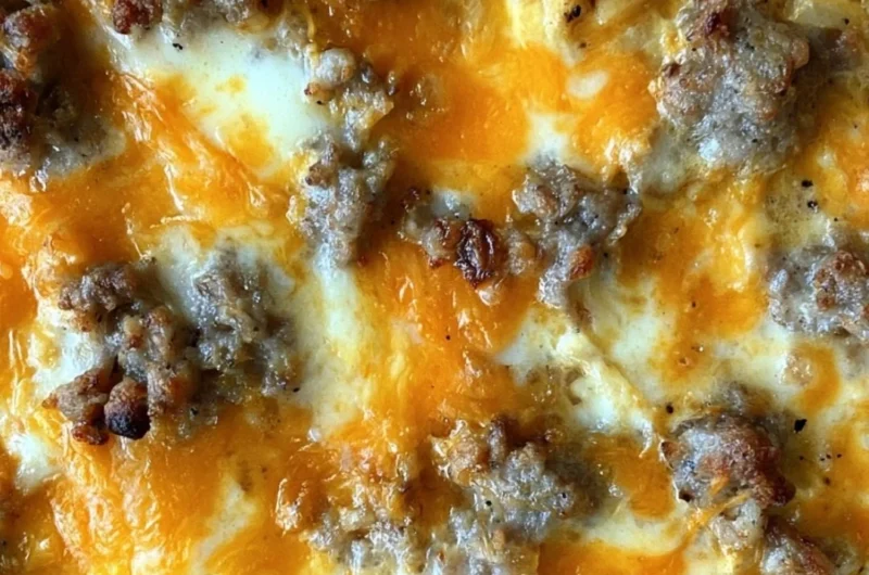 Sausage Hashbrown Breakfast Casserole topped with cheese and herbs
