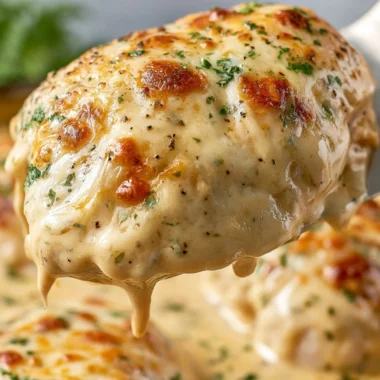 Smothered sour cream chicken served on a plate with garnishes