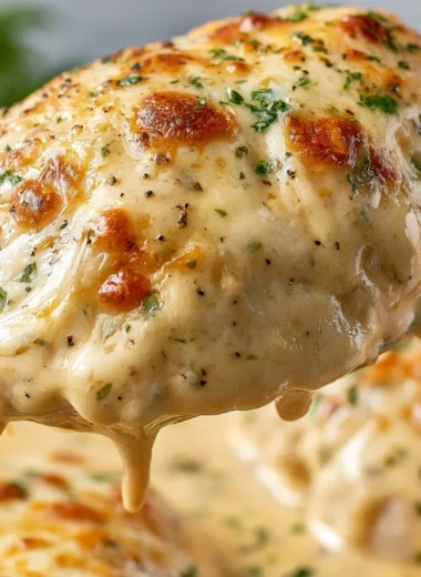 Smothered sour cream chicken served on a plate with garnishes
