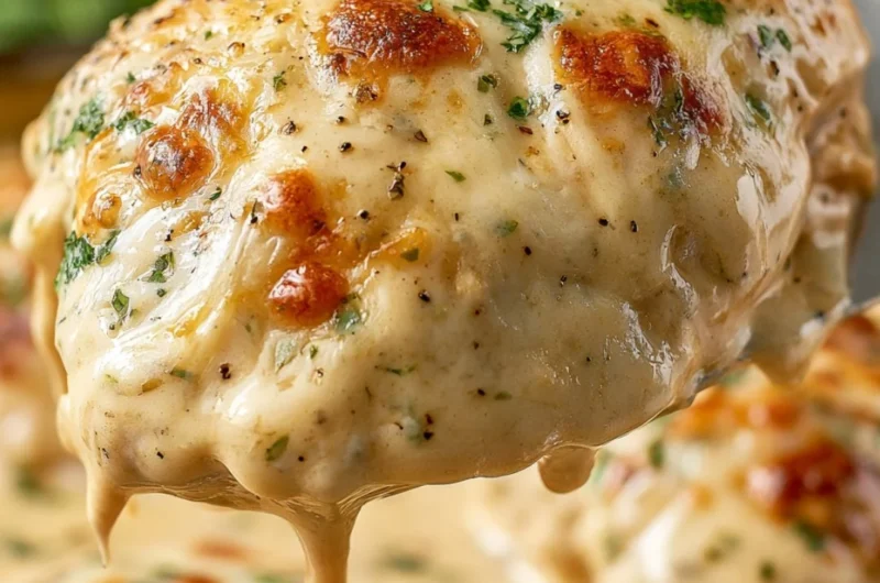 Smothered sour cream chicken served on a plate with garnishes