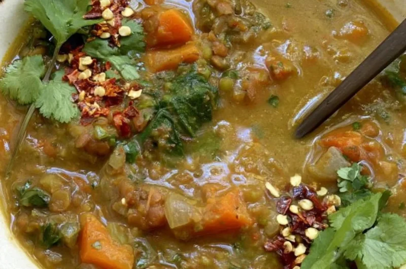 Bowl of sweet potato lentil stew with vibrant vegetables and spices
