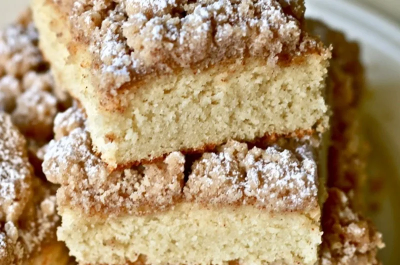 Delicious slice of New York Crumb Cake with a fluffy crumb topping