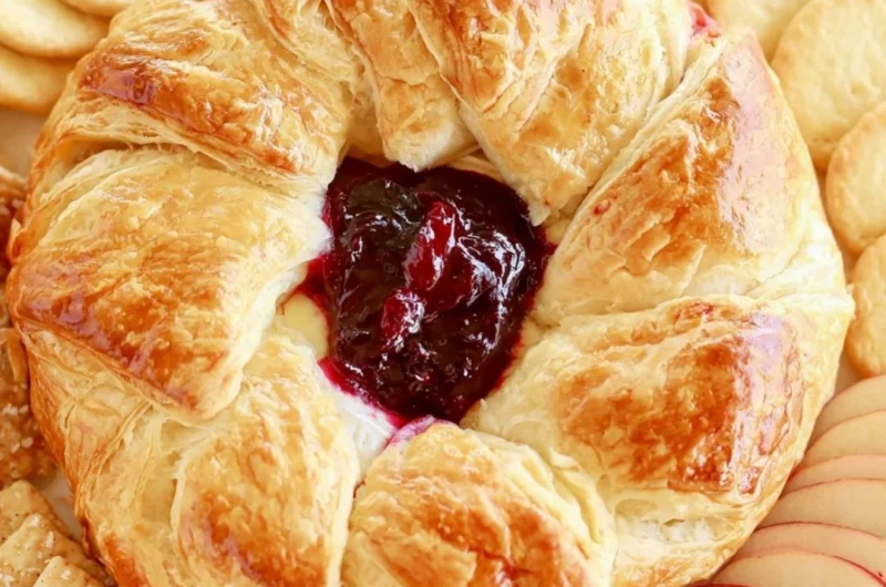 Delicious Baked Brie in Puff Pastry topped with berries and nuts.