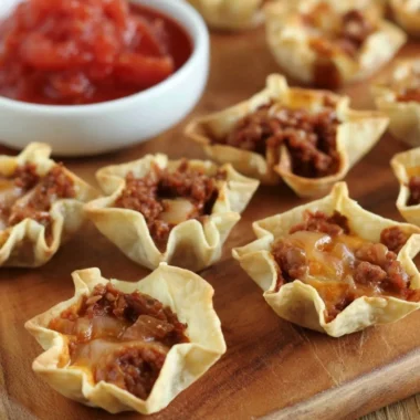 Tortilla nacho cups filled with cheese and toppings ready to serve