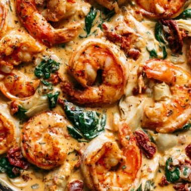 Delicious Tuscan shrimp dish with spinach, artichokes, and sun-dried tomatoes