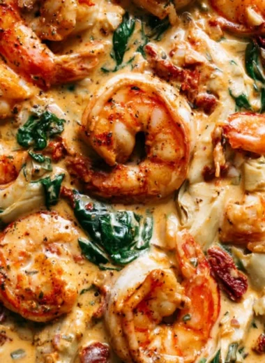 Delicious Tuscan shrimp dish with spinach, artichokes, and sun-dried tomatoes