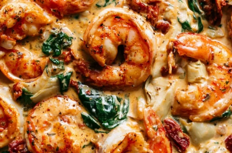 Delicious Tuscan shrimp dish with spinach, artichokes, and sun-dried tomatoes