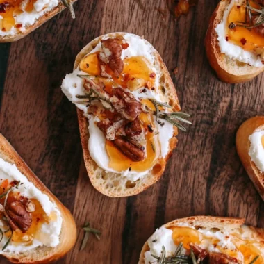 Whipped feta crostini drizzled with hot honey, a delicious appetizer.