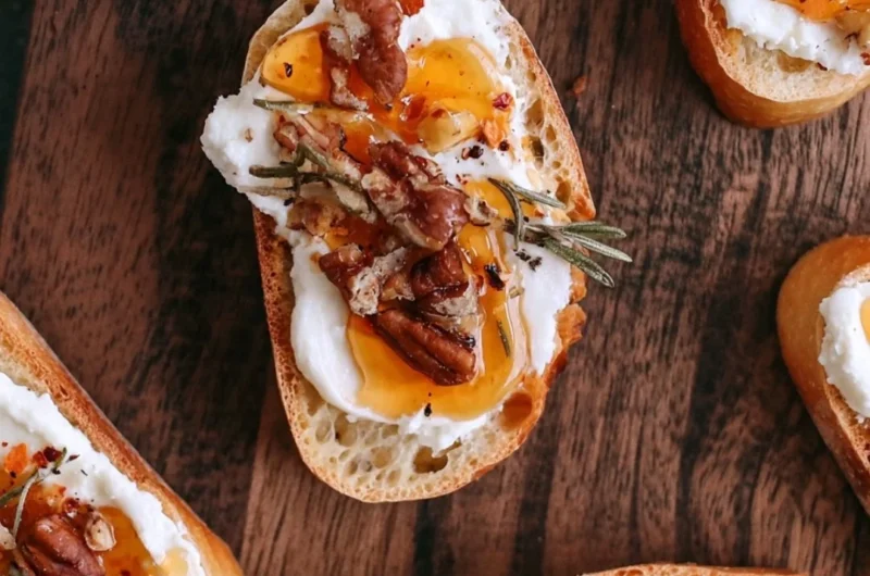 Whipped feta crostini drizzled with hot honey, a delicious appetizer.